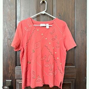 Vintage Alfred Dunner Coral Embroidered Short Sleeve Top